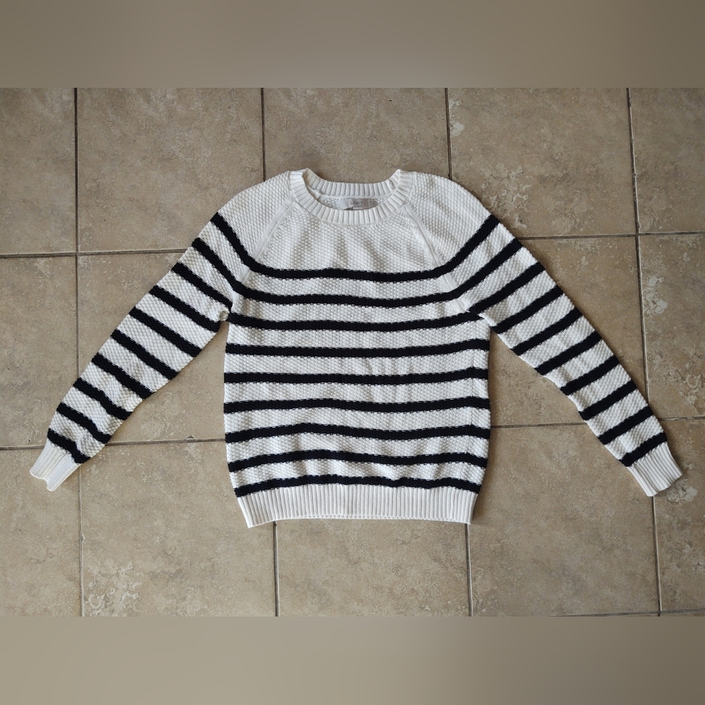 LOFT SWEATER Womens Medium Soft Comfy Black & White Striped Long Sleeve Pullover